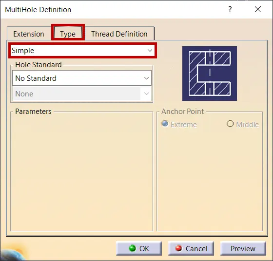 Creating a MultiHole with Simple Hole Type in CATIA V5 R34.