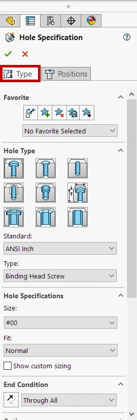 SolidWorks hole wizard tool